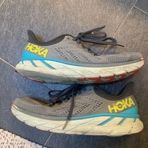 Men's 9.5 Hoka Clifton 7, grey and blue. Used.
